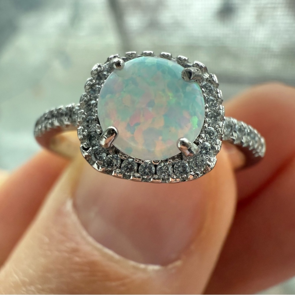 Vintage Sterling Silver Fire Opal & White Topaz Engagement Ring Size 9